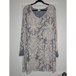 Soma Paisley Print Nightgown XXL Gray Blue Lace Bell Sleeve Plus Size Sleep Cozy